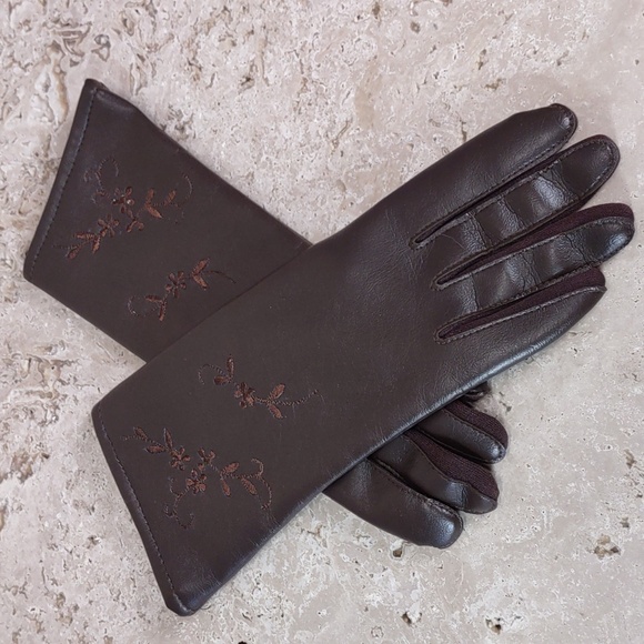 Vintage Fourchettes Brown Faux Leather Gloves - Picture 1 of 7